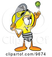 Poster, Art Print Of Light Bulb Mascot Cartoon Character Preparing To Hit A Tennis Ball