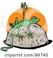 Poster, Art Print Of Skinny Green Gecko Sun Bathing On A Rock And Gesturing Ok With His Hand