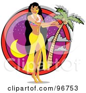 Royalty Free RF Clipart Illustration Of A Hula Girl In A Yellow Skirt Dancing Near A Palm Tree At Dusk by Andy Nortnik