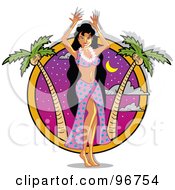 Poster, Art Print Of Hula Girl In A Pink Skirt Dancing Near A Palm Tree At Dusk