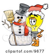 Clipart Picture Of A Light Bulb Mascot Cartoon Character With A Snowman On Christmas