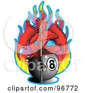 Red Devil Holding A Cue Stick And Sitting On Top Of An Eight Ball In Front Of Flames