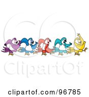 Royalty Free RF Clipart Illustration Of A Border Of Walking Purple Blue Red Turquoise And Yellow Parrots