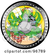 Royalty Free RF Clipart Illustration Of A Round Aquarium Window Looking In On Fish A Crab And Sea Lion With Sea Weed by Andy Nortnik