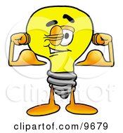 Clipart Picture Of A Light Bulb Mascot Cartoon Character Flexing His Arm Muscles