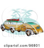 Poster, Art Print Of Woody Sedan With Surfboards On The Roof Pulling A Trailer Over Green With Palm Trees