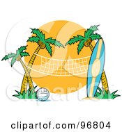 Surfboard Leaning Against A Palm Tree Near A Beach Volleyball Net