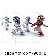 Poster, Art Print Of 3d Red Robot Running In Front Of Other Robots