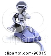 Poster, Art Print Of 3d Silver Robot Sitting On A Large Computer Mouse