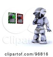 Royalty Free RF Clipart Illustration Of A 3d Silver Robot Trying To Decide Which Button To Push