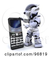 Royalty Free RF Clipart Illustration Of A 3d Silver Robot Using A Giant Cell Phone by KJ Pargeter