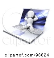 Poster, Art Print Of 3d White Character Reclined And Resting On A Large Laptop