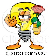 Clipart Picture Of A Light Bulb Mascot Cartoon Character Holding A Red Rose On Valentines Day