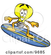 Poster, Art Print Of Light Bulb Mascot Cartoon Character Surfing On A Blue And Yellow Surfboard