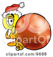Poster, Art Print Of Light Bulb Mascot Cartoon Character Wearing A Santa Hat Standing With A Christmas Bauble