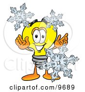 Poster, Art Print Of Light Bulb Mascot Cartoon Character With Three Snowflakes In Winter