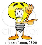Poster, Art Print Of Light Bulb Mascot Cartoon Character Waving And Pointing