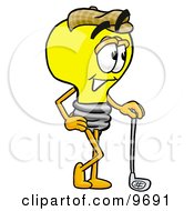 Clipart Picture Of A Light Bulb Mascot Cartoon Character Leaning On A Golf Club While Golfing