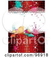 Poster, Art Print Of Disco Party Background With A Ball Arrows And Splatters Over Red