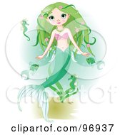 Royalty Free RF Clipart Illustration Of A Beautiful Green Haired Mermaid Swimming With Fish And Seahorses
