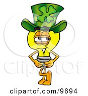 Clipart Picture Of A Light Bulb Mascot Cartoon Character Wearing A Saint Patricks Day Hat With A Clover On It