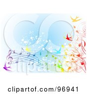 Spring Time Background Of Colorful Swallows Vines And Music Notes Over Blue Grunge