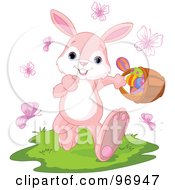 Poster, Art Print Of Jolly Pink Bunny Walking Through Butterflies And Grass While Carrying An Easter Basket Of Eggs