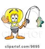 Clipart Picture Of A Light Bulb Mascot Cartoon Character Holding A Fish On A Fishing Pole