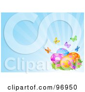 Poster, Art Print Of Colorful Butterflies And Patterned Easter Eggs On A Shining Blue Background