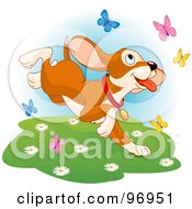 Royalty Free RF Clipart Illustration Of A Happy Dog Chasing Colorful Butterflies Through A Spring Meadow by Pushkin