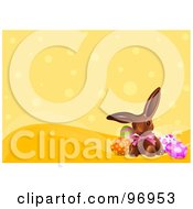 Poster, Art Print Of Chocolate Easter Bunny With Colorful Eggs Over An Orange Dot Background