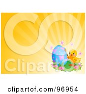 Poster, Art Print Of Easter Chick Painting A Blue Egg With Butterflies Over An Orange Shining Background