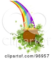 Poster, Art Print Of Green Leprechauns Hat By A Pot Of Gold Over Giant Clovers At The End Of A Rainbow