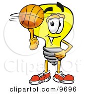 Poster, Art Print Of Light Bulb Mascot Cartoon Character Spinning A Basketball On His Finger