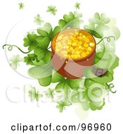 Poster, Art Print Of Green Leprechaun Hat By A Pot Of Gold Over Giant Clovers