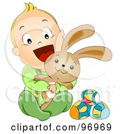 Royalty Free RF Clipart Illustration Of A Blond Baby Boy Hugging A Bunny By Easter Eggs