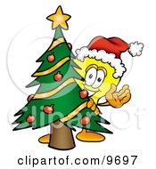 Poster, Art Print Of Light Bulb Mascot Cartoon Character Waving And Standing By A Decorated Christmas Tree