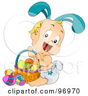 Poster, Art Print Of Blond Baby Wearing Bunny Ears And Sitting By An Easter Basket