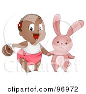 Royalty Free RF Clipart Illustration Of A Black Baby Girl Carrying A Basket And Holding Hands With An Easter Bunny by BNP Design Studio