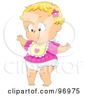 Blond Baby Girl In A Diaper And Pink Shirt Standing Up And Trying To Walk