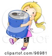 Happy Blond Girl Carrying A Giant Blue Soda Can
