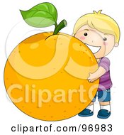 Happy Blond Boy Hugging A Giant Orange