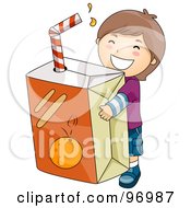 Happy Brunette Boy Carrying A Giant Orange Juice Box