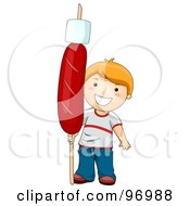 Royalty Free RF Clipart Illustration Of A Happy Red Haired Boy Holding A Giant Hot Dog With A Marshmallow On A Stick by BNP Design Studio