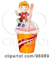 Happy Red Haired Boy Sitting On Top Of A Giant Slushy Cup