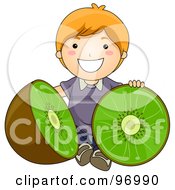 Poster, Art Print Of Happy Red Haired Boy Sitting With A Halved Giant Kiwi