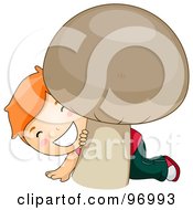 Red Haired Boy Smiling And Peeking Behind A Giant Mushroom