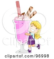 Happy Blond Girl Hugging A Giant Strawberry Milkshake
