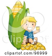 Royalty Free RF Clipart Illustration Of A Blond Boy Sitting On Kernels And Leaning Against A Giant Ear Of Corn by BNP Design Studio