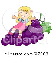 Happy Blond Girl Sitting On Giant Purple Grapes